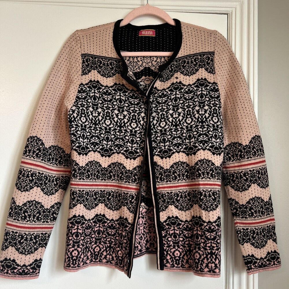 Oleana Sz M Sweater Cardigan  Merino Wool Silk Black Pink Made In Norway NWOT